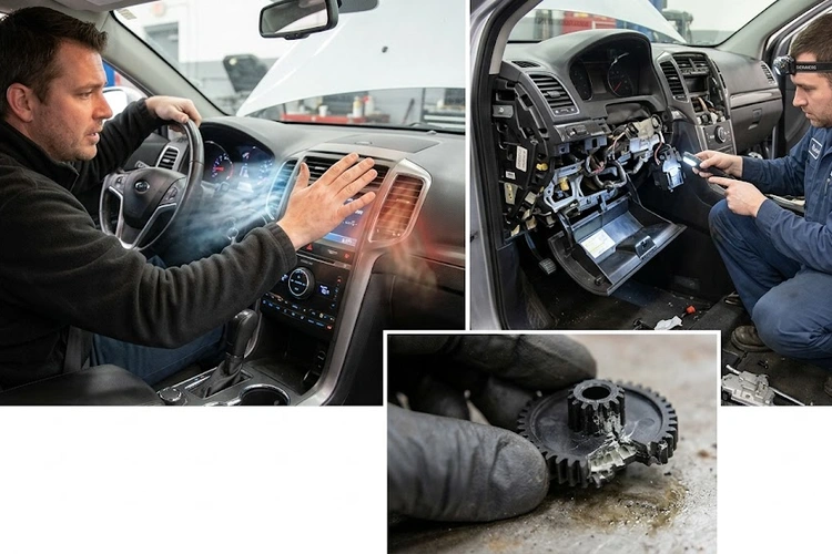 Car dashboard climate control showing uneven temperature settings related to car AC blowing hot air on one side