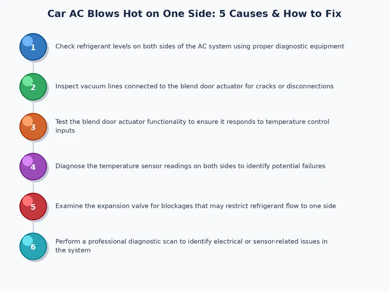 Step-by-step diagnostic process diagram for identifying why car AC blows hot air on one side