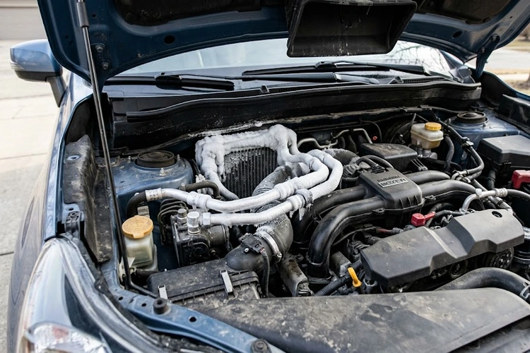 Car AC evaporator coil covered in ice illustrating car AC freezing up