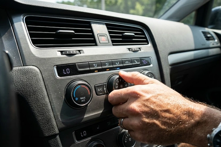 Close-up of car dashboard AC controls with the temperature set to maximum cool but the vent not blowing cold. A frustrated driver's hand is visible adjusting the temperature dial inside a warm car interior.