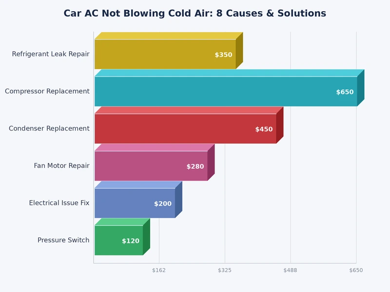 bar chart comparing the 8 causes of car AC not blowing cold air by repair frequency and cost