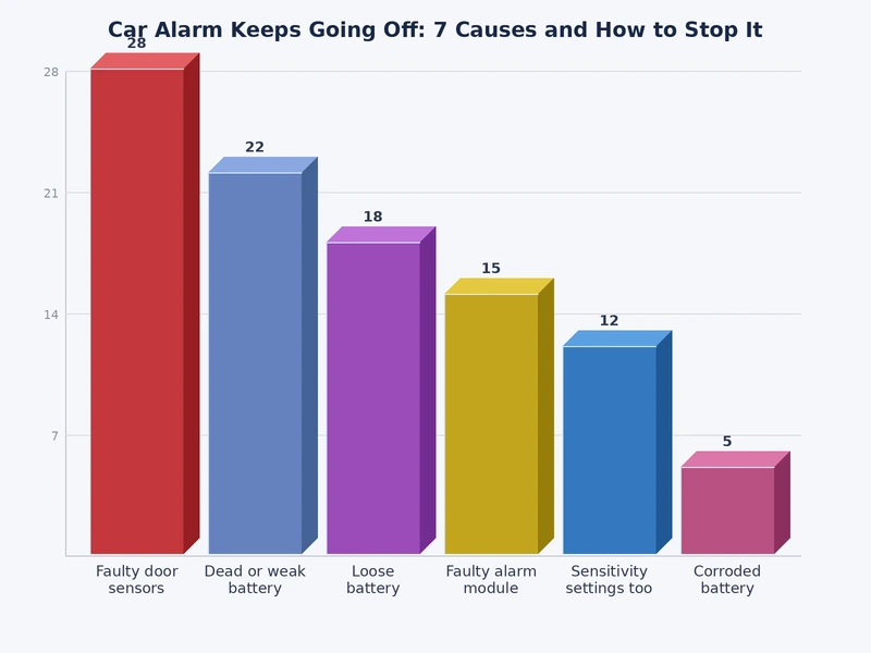 Bar chart comparing frequency of car alarm false alarm causes: battery issues, sensor faults, key fob, wiring, and corrosion