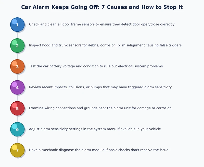 Step-by-step diagnostic process diagram for identifying why a car alarm keeps going off