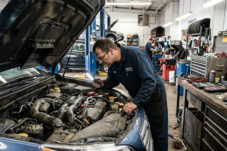 mechanic inspecting exhaust system to diagnose car backfiring causes