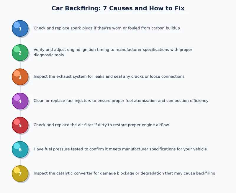 step-by-step process diagram for diagnosing and fixing car backfiring causes