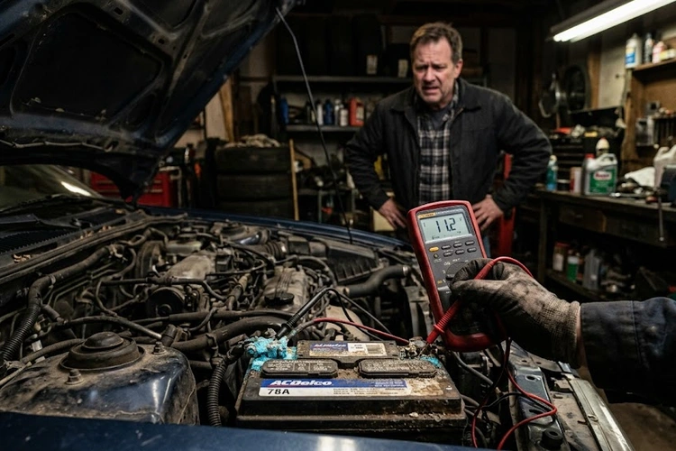 Mechanic testing car battery terminals with a multimeter to diagnose why car battery keeps dying