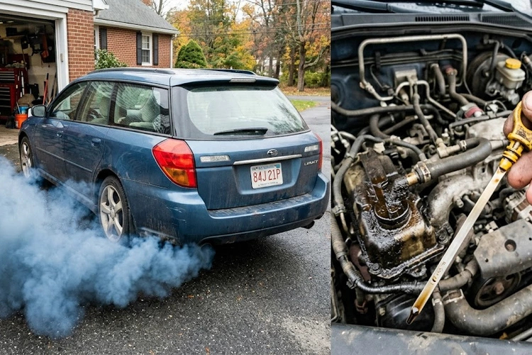 Blue smoke from a car exhaust pipe — a key car burning oil symptom
