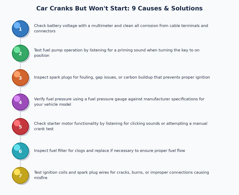 step-by-step diagnostic flowchart for isolating a car cranks but won't start condition