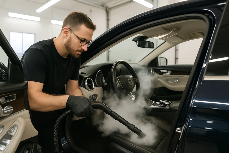 Professional detailing a car exterior showing car detailing cost value