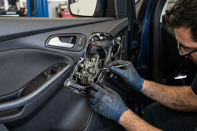 Car door lock mechanism showing actuator rod and latch linkage components