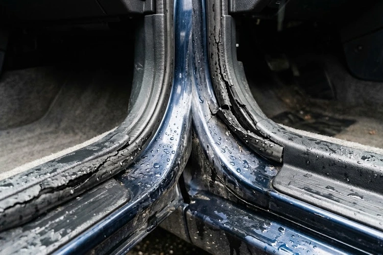 Car door seal leaking — cracked and compressed weatherstripping on a vehicle door frame