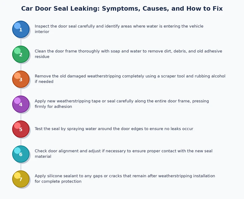 Step-by-step process diagram for diagnosing and fixing a leaking car door seal
