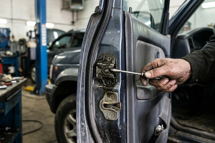 Car door latch mechanism close-up showing why a car door won't latch