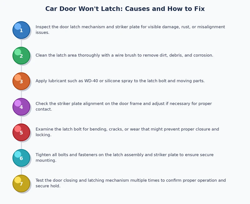 Step-by-step process diagram for replacing a car door latch assembly