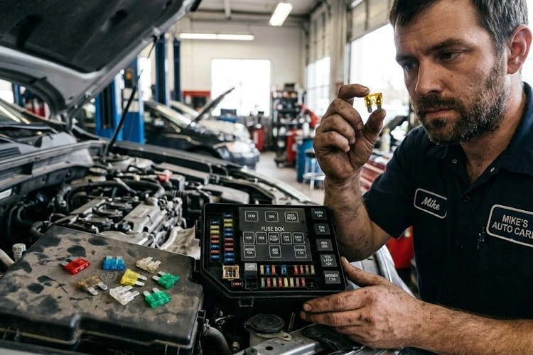 car fuse keeps blowing — blown automotive blade fuse with melted metal strip visible through clear housing