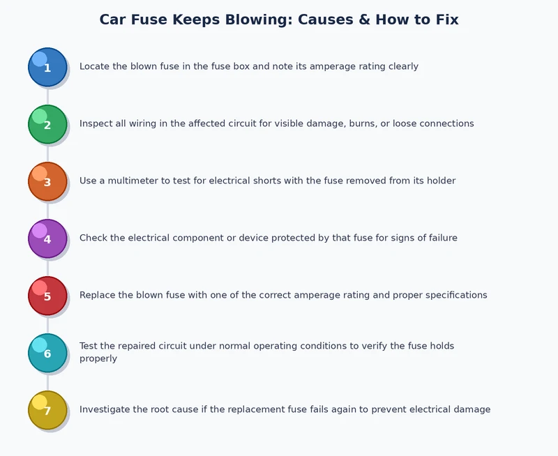 step-by-step process diagram for diagnosing a car fuse that keeps blowing from fuse box location to root cause confirmation