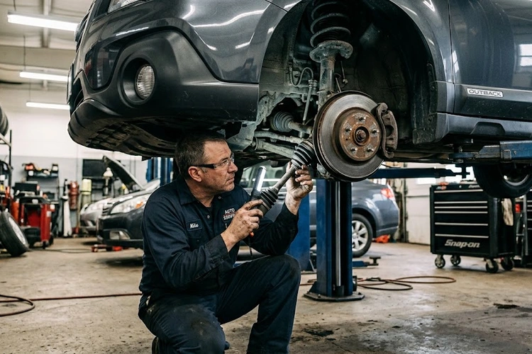 mechanic inspecting front wheel assembly for car grinding noise when turning