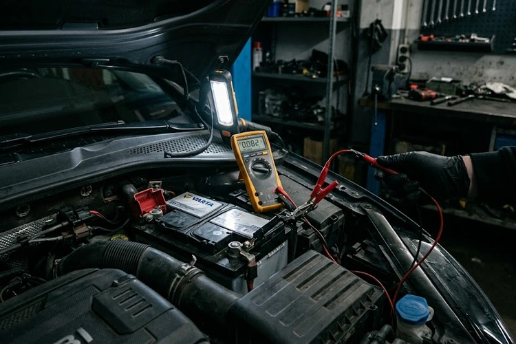 car hard to start when cold — technician checking battery terminals on a frosty morning
