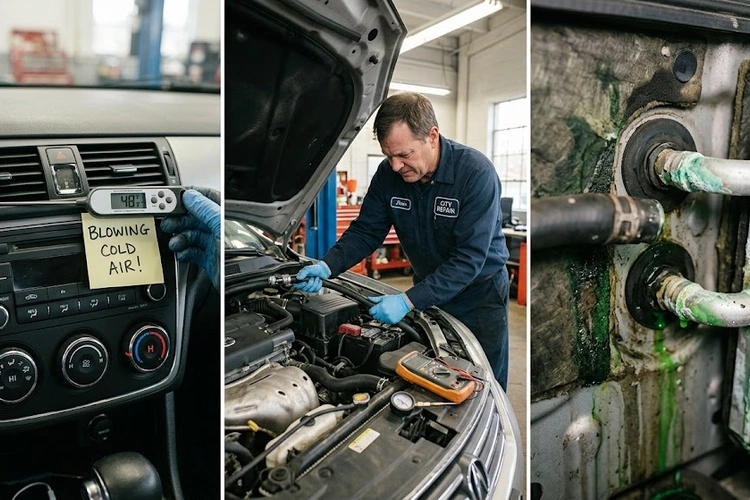 car heater not working — close-up of dashboard climate control vents