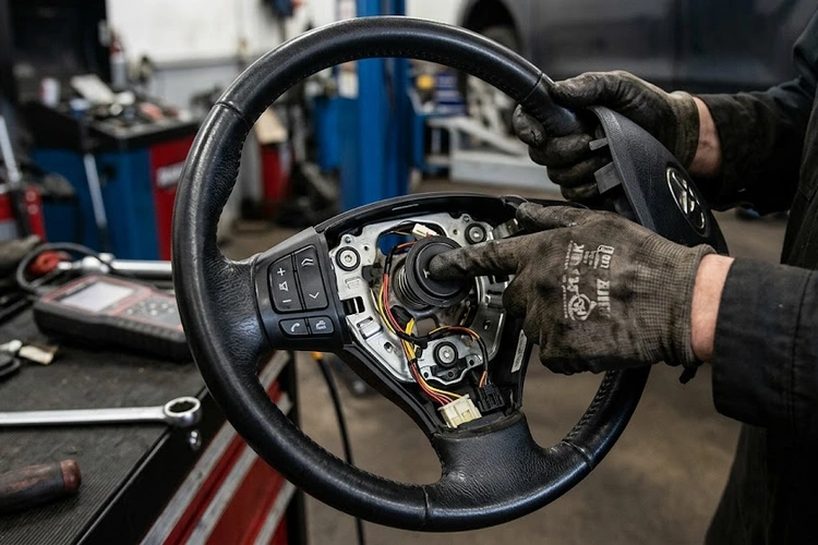 Car horn not working — mechanic inspecting steering wheel horn circuit and fuse box