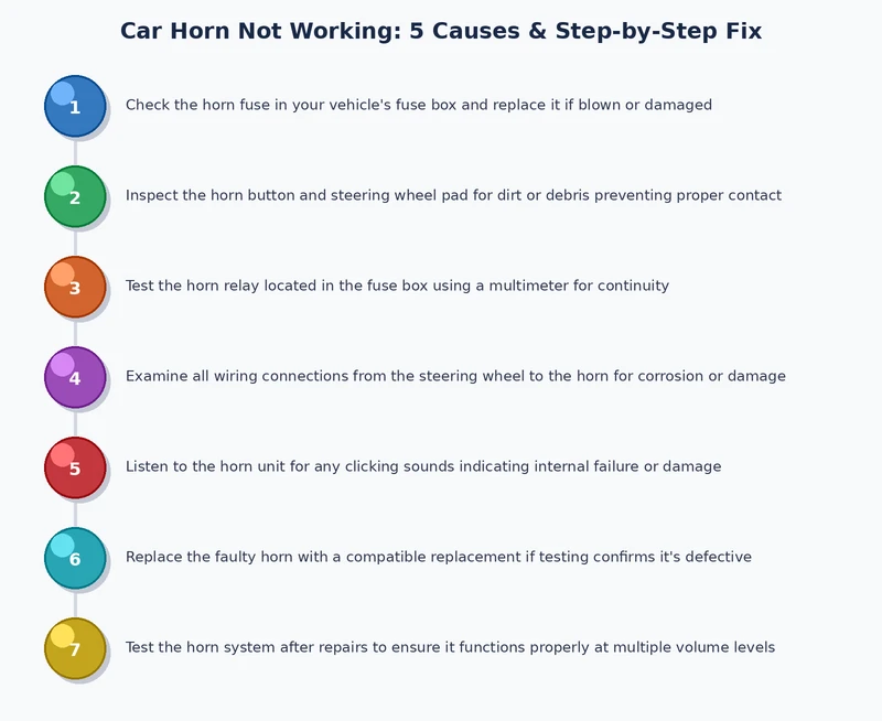 Step-by-step process diagram for diagnosing a car horn not working — fuse, relay, horn unit, clock spring, wiring