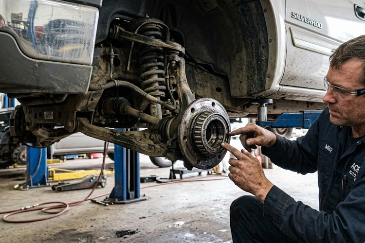 mechanic inspecting a wheel bearing on a car with a persistent humming noise while driving