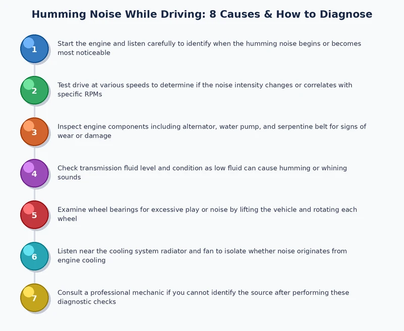 step-by-step diagnostic flowchart for tracing a humming noise while driving to its source