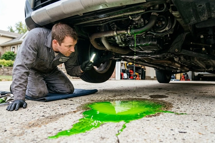 green antifreeze puddle beneath a parked car with the hood open showing the cooling system