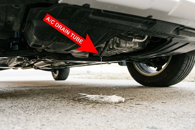 clear water puddle forming under a car near the air conditioning evaporator drain