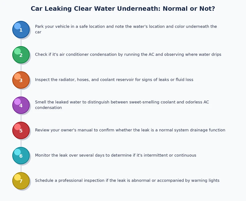 step-by-step process diagram for identifying a clear water leak under a parked car
