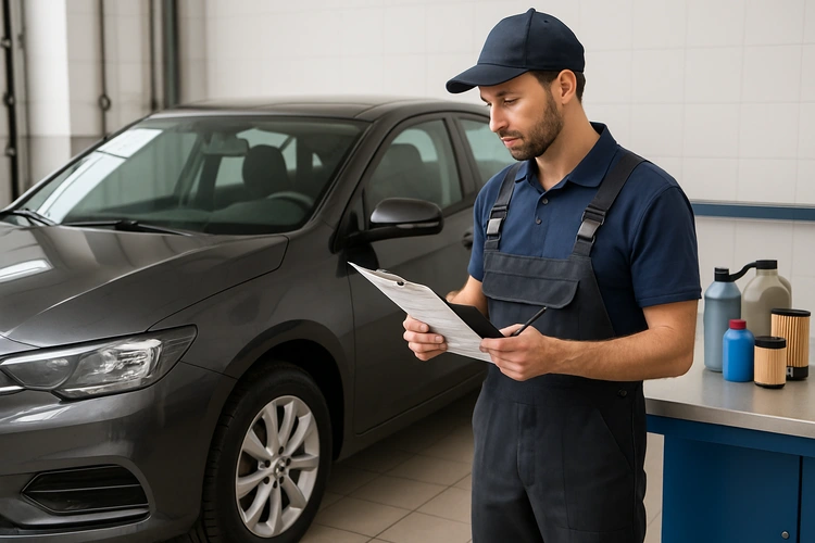 Car maintenance schedule checklist by mileage on a clipboard next to car keys and tools