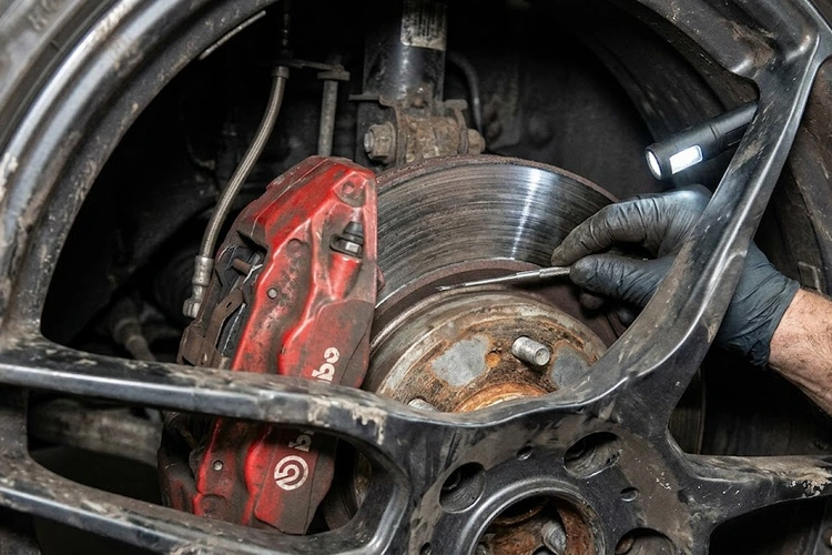 mechanic inspecting brake calipers and pads on a car that makes a popping noise when braking