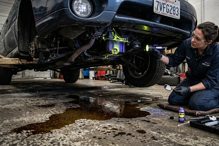 car oil leak causes visible as oil residue coating the underside of an engine block