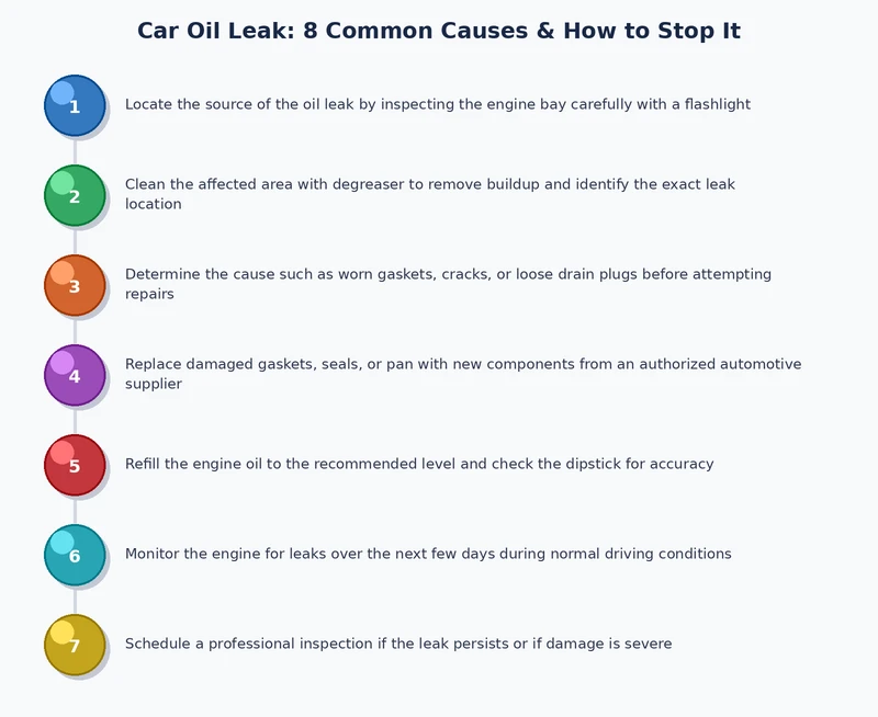 step-by-step process diagram for diagnosing car oil leak causes from initial inspection to repair decision