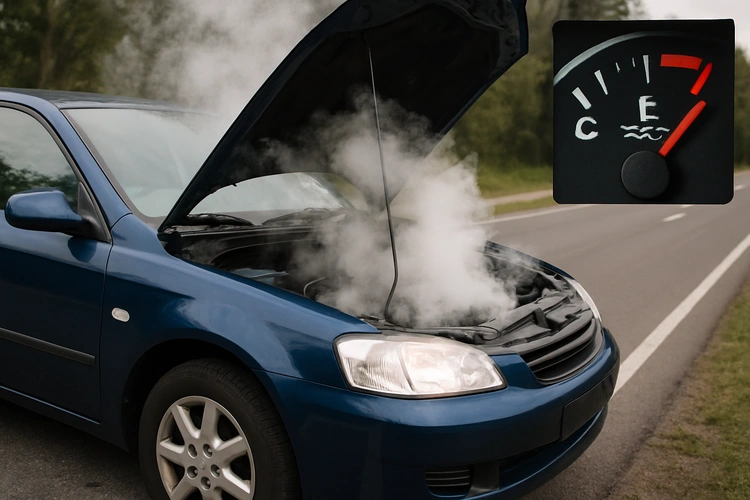 car overheating causes — temperature gauge in the red on dashboard