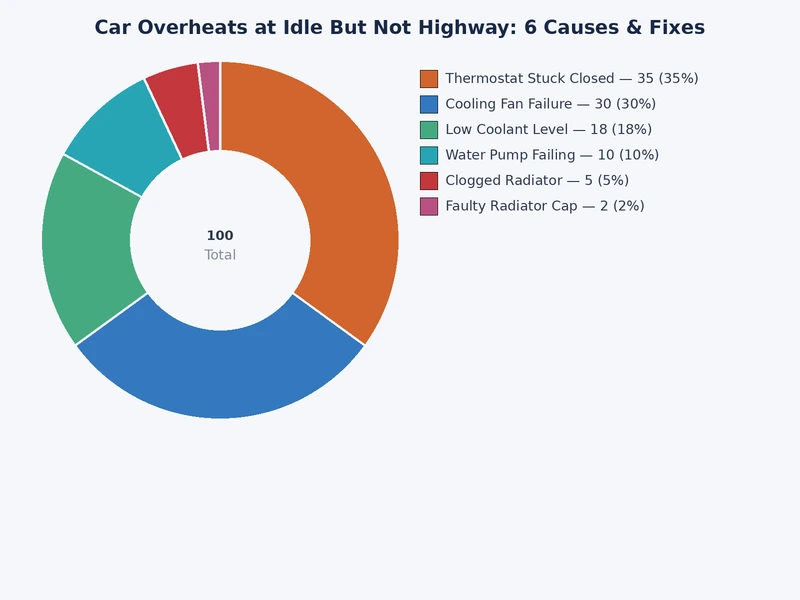 bar chart showing frequency of six causes when a car overheats at idle but not at highway speed