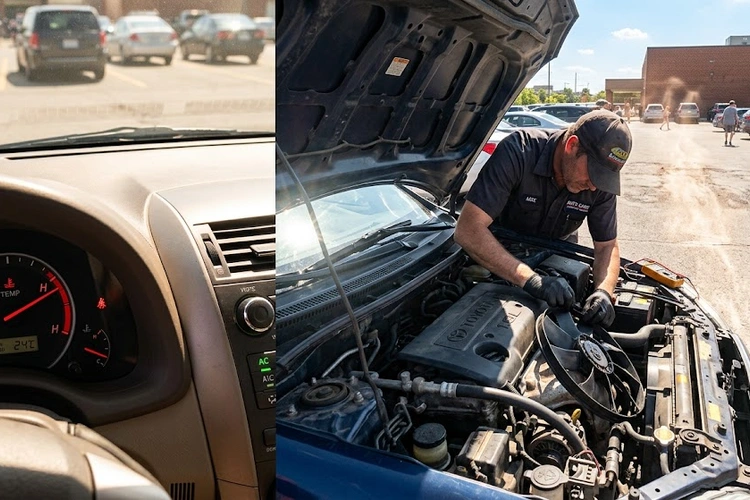 Car overheats with AC on — temperature gauge needle climbing toward red zone on dashboard