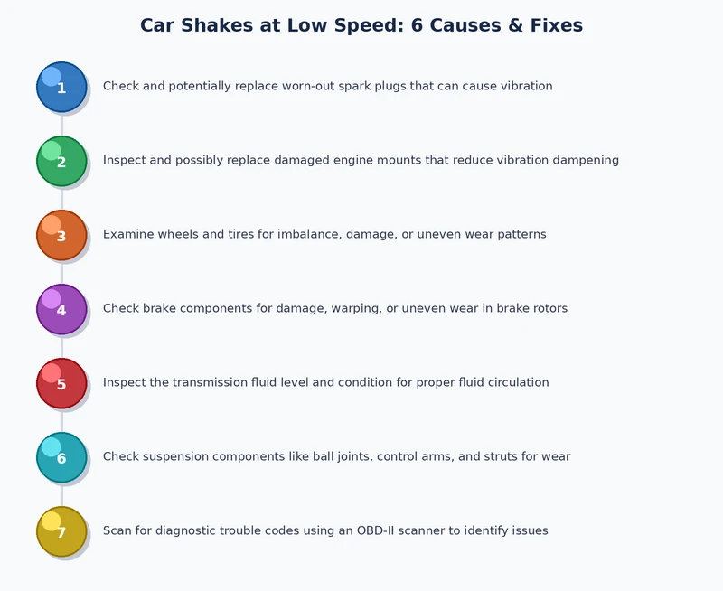 Diagnostic flowchart for car shakes at low speed — six causes mapped by condition, symptom, and recommended repair path