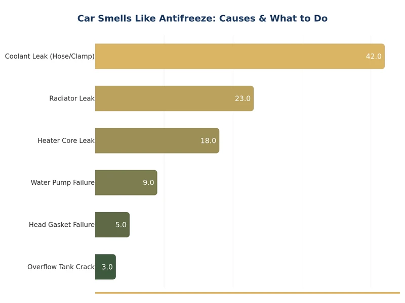 Chart showing common causes of car smelling like antifreeze by frequency