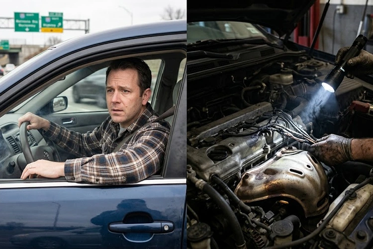 Mechanic inspecting engine bay after car smells like burning plastic near exhaust manifold
