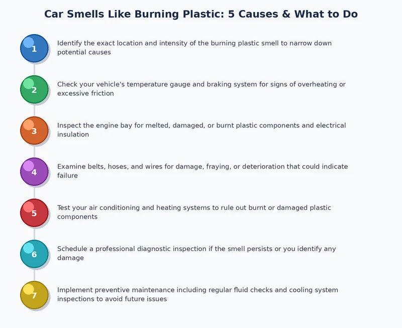 Step-by-step diagnostic process diagram for identifying burning plastic smell in a car