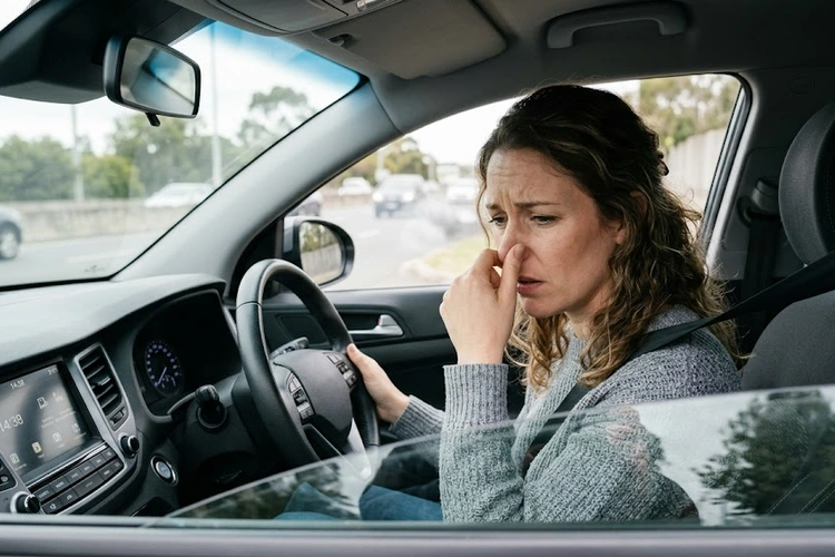 car smells like exhaust inside — mechanic conducting undercarriage exhaust system inspection