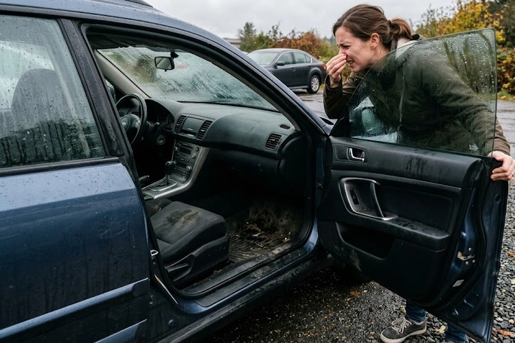 Wet car carpet and floor mat showing mold growth that causes car smells like mildew