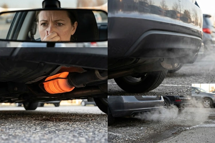 Car exhaust pipe emitting fumes that cause a rotten egg smell from the catalytic converter