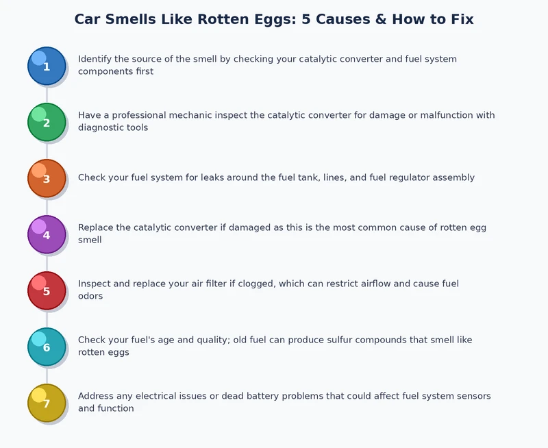 Step-by-step process diagram showing how to diagnose a rotten egg smell in a car