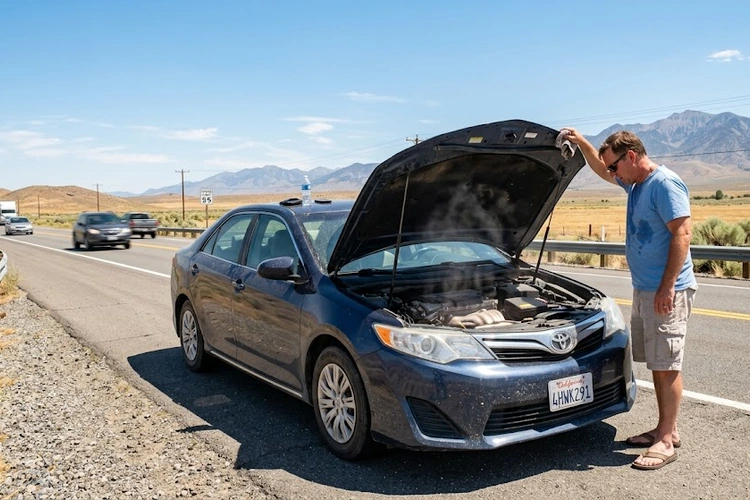 Car pulled over on the side of a road on a bright hot summer day with the hood propped open, heat shimmer rising from the engine, the driver standing beside the vehicle in sunlight.
