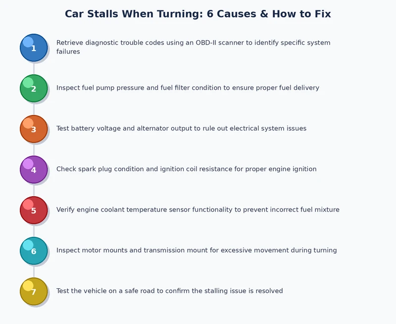 five step diagnostic process diagram for car stalls when turning