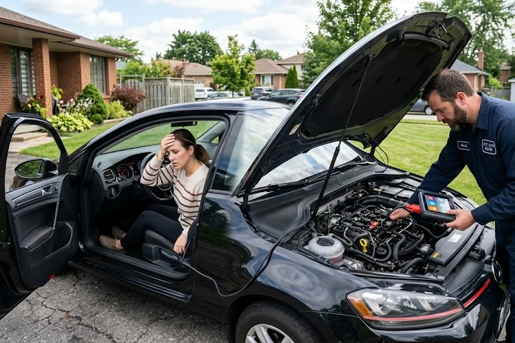 Mechanic diagnosing a car that starts then dies immediately by checking engine bay components