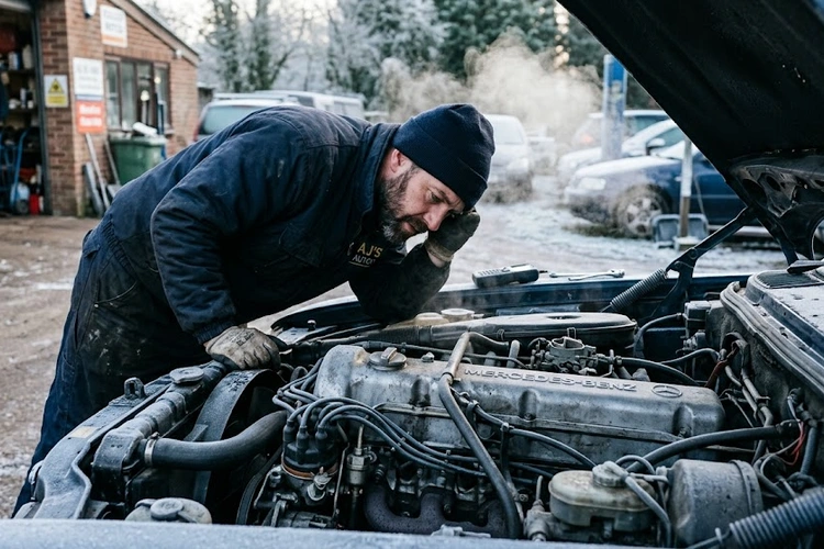 Mechanic leaning over an open engine bay listening carefully to a cold engine on a frosty morning, breath visible in the cold air, with valve cover and engine components clearly visible.