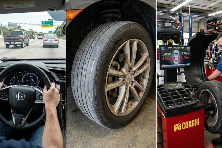 mechanic inspecting front wheel assembly to diagnose car vibrates at highway speeds
